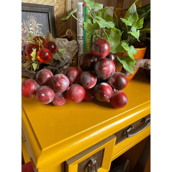 Vintage Italian Red/Purple Alabaster Stone Grapes On Driftwood - Picture 1 of 4